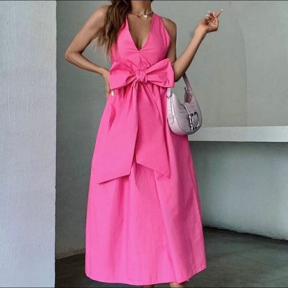 Zara Bow Pink Midi Dress Deep Plunge Poplin New Barbiecore Barbie - Picture 6 of 16